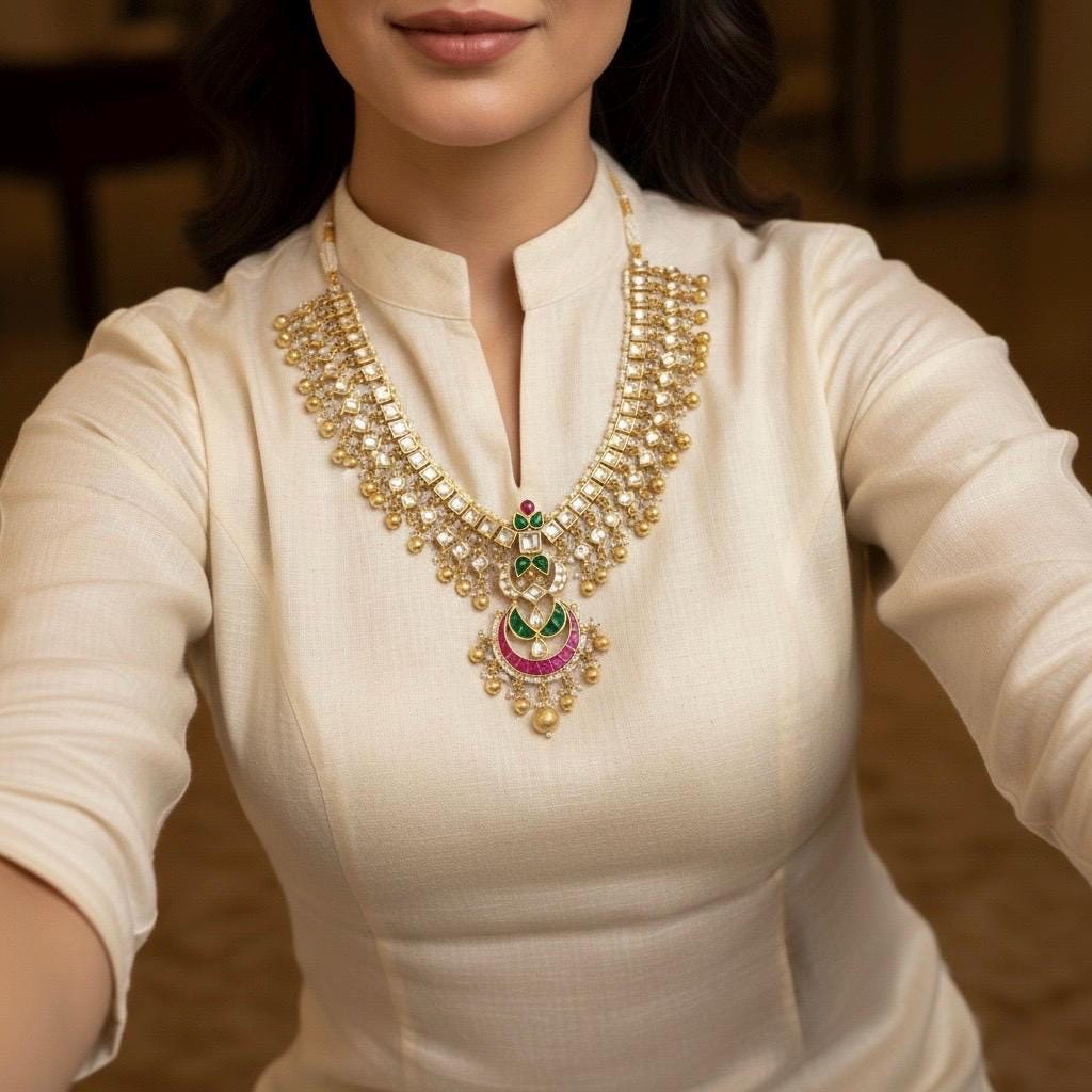 Handmade Kundan Bridal Jewelry Set, Gold Plated Wedding Necklace