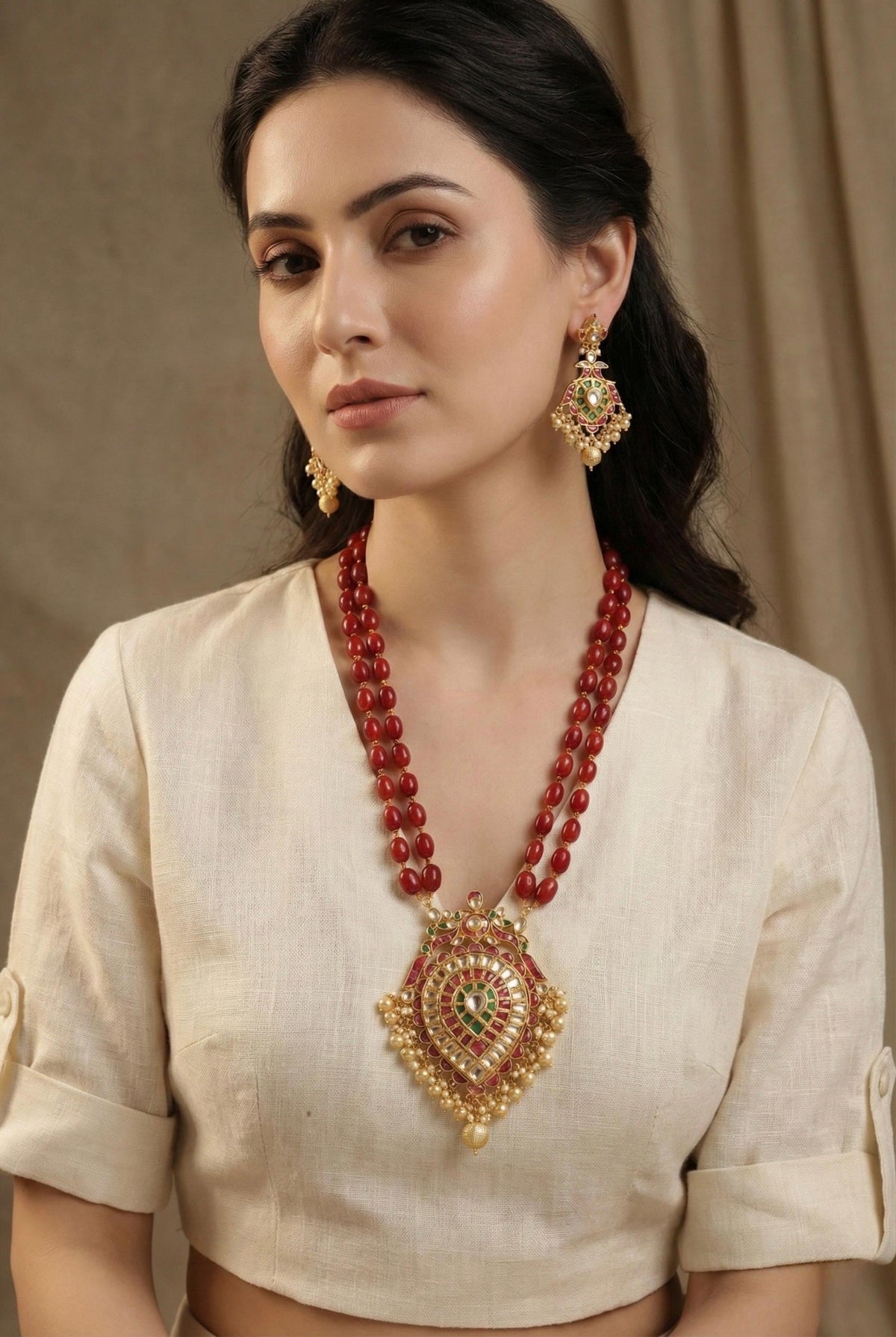 Handmade Kundan Jewelry Set, Gold Plated South Indian Necklace with peacock earrings