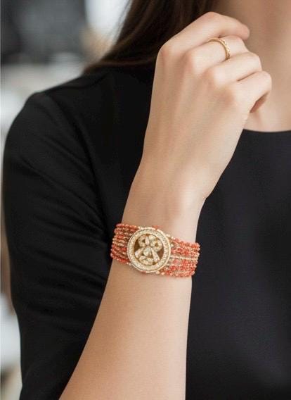 Kundan Bracelet, Indian Bridal Jewelry, Handmade Coral Flexible Bracelet