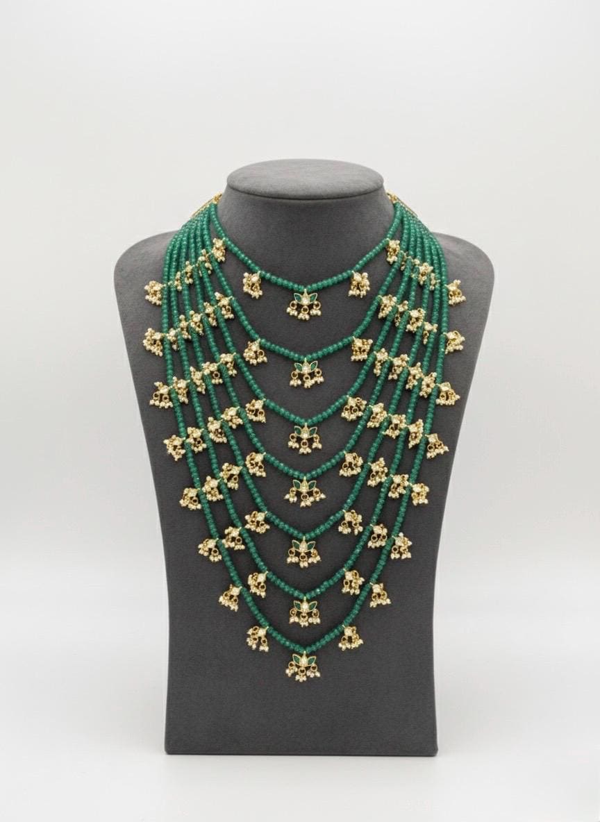 Multi-Layered Kundan Necklace | 22k Gold Plated Indian Bridal Jewelry | Green Satlada Set