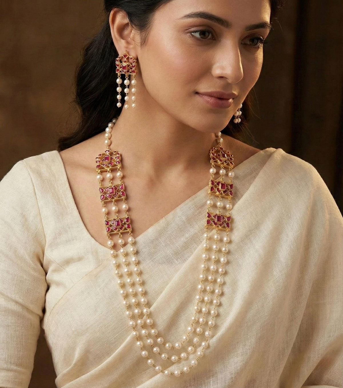Kundan Pearl Mala Necklace | South Indian Bridal Jewelry Set | Gold Plated Wedding Accessories