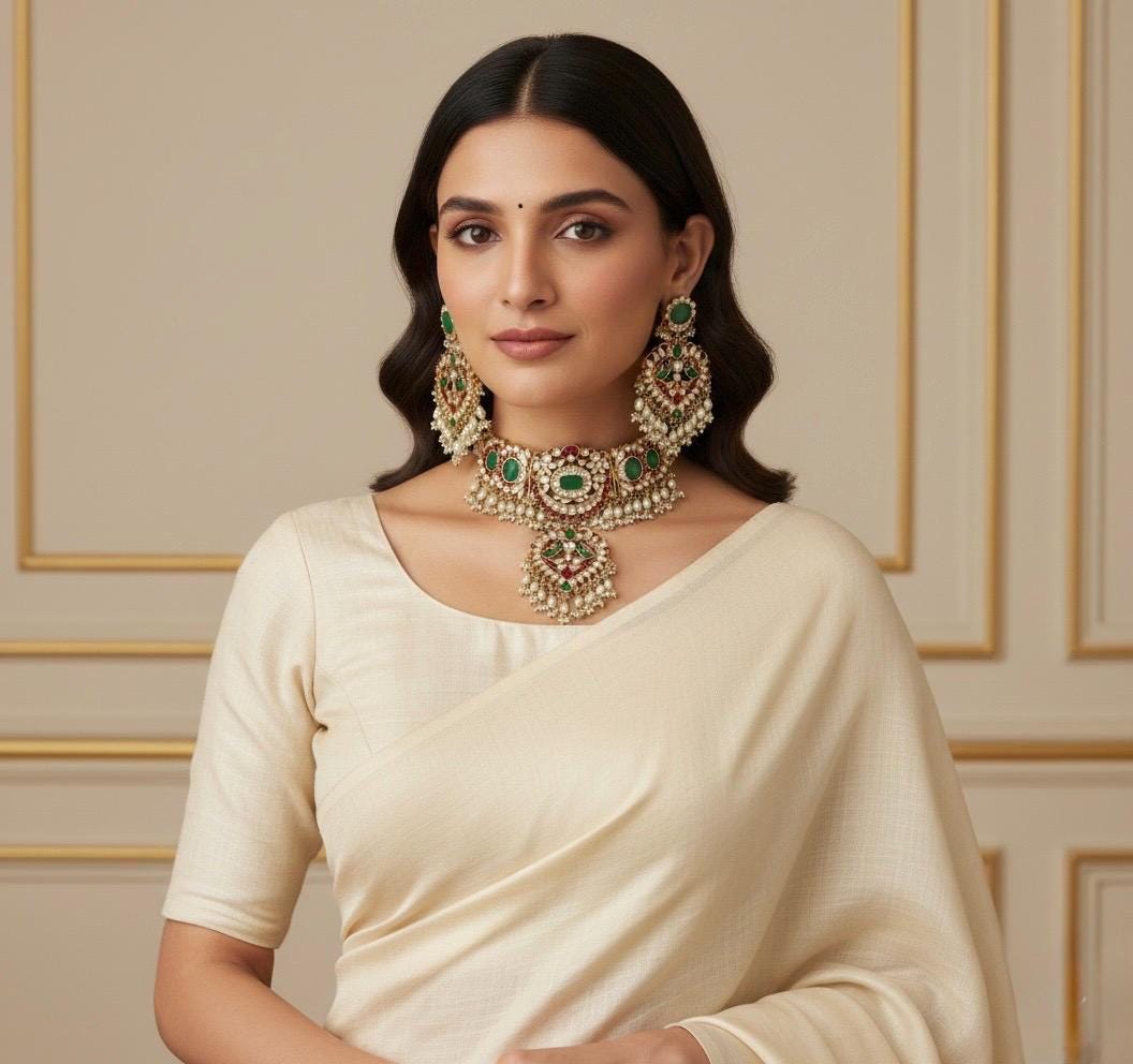 Kundan Choker Necklace Set, Indian Bridal Jewelry, Gold Plated Earrings