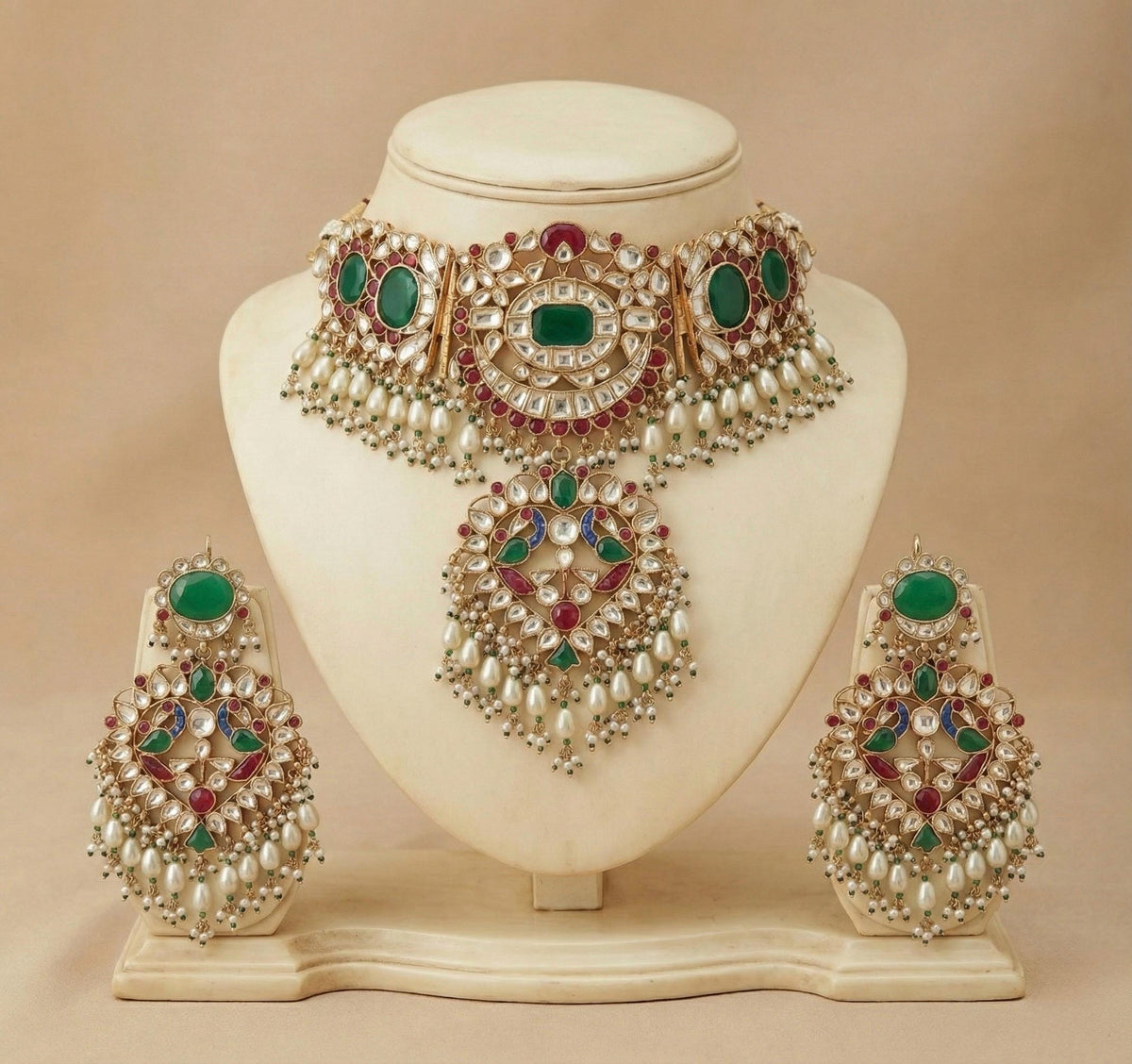 Kundan Choker Necklace Set, Indian Bridal Jewelry, Gold Plated Earrings