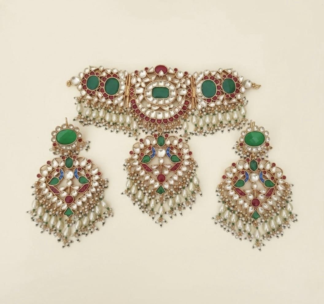 Kundan Choker Necklace Set, Indian Bridal Jewelry, Gold Plated Earrings