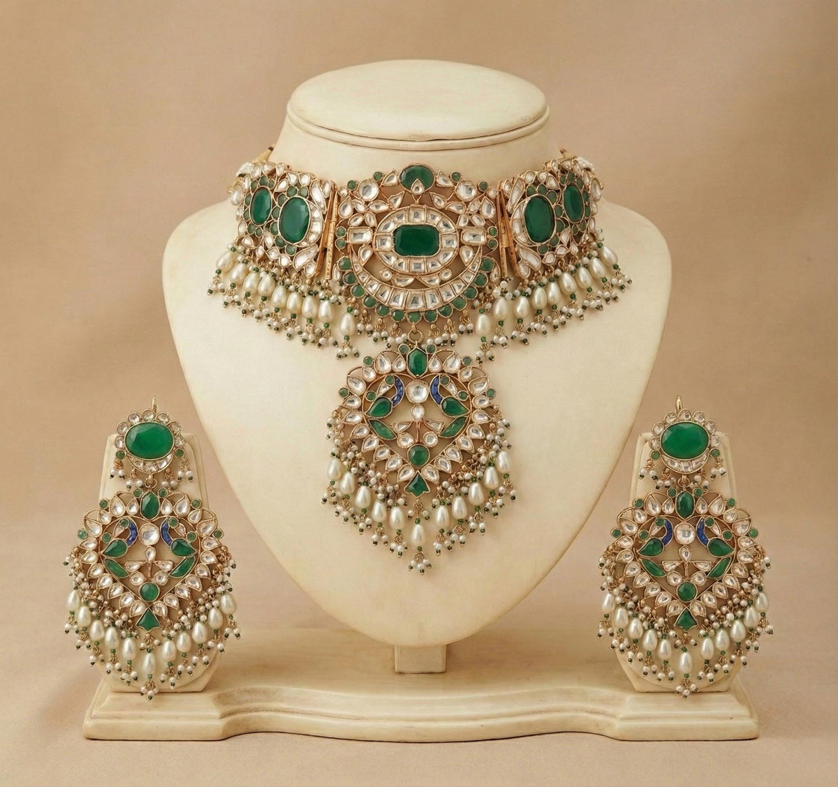 Kundan Choker Necklace Set, Indian Bridal Jewelry, Gold Plated Earrings
