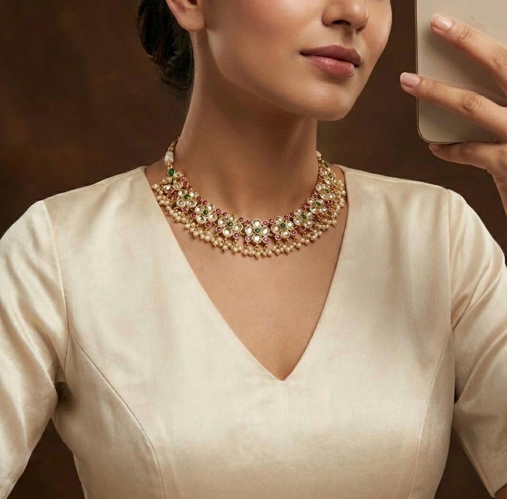 Handmade Kundan Choker Necklace with Earrings Set, Indian Bridal Jewelry