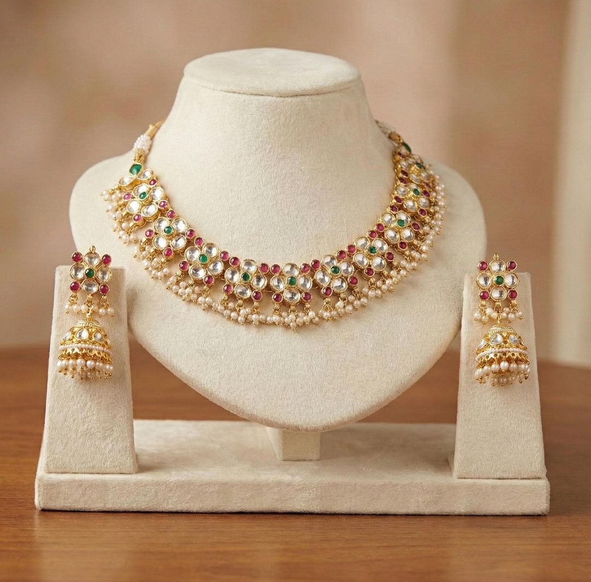 Handmade Kundan Choker Necklace with Earrings Set, Indian Bridal Jewelry