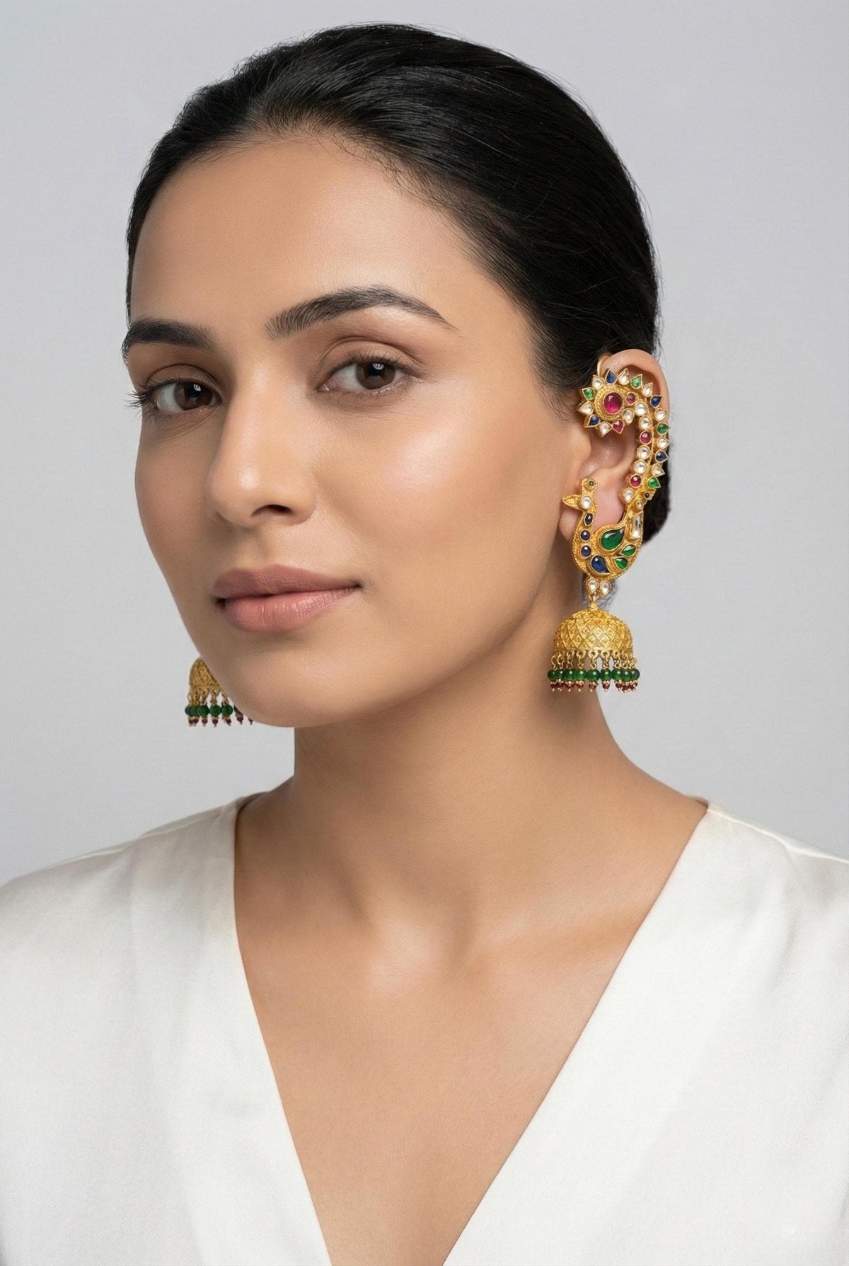 Royal Kundan Ear Cuff Earrings with Dangler Jumkhi, Luxury Indian Bridal Jewelry