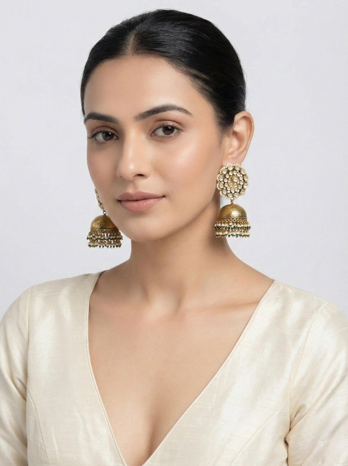 Kundan Earrings, Antique Gold Finish Jhumki, Indian Ethnic Jewelry