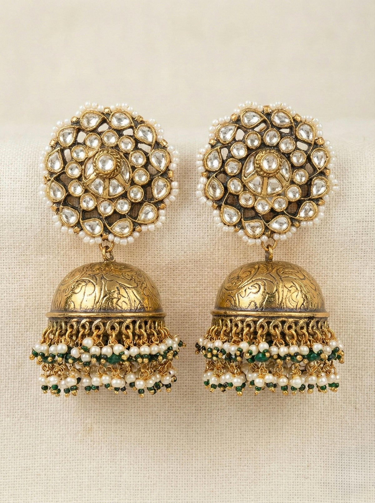 Kundan Earrings, Antique Gold Finish Jhumki, Indian Ethnic Jewelry