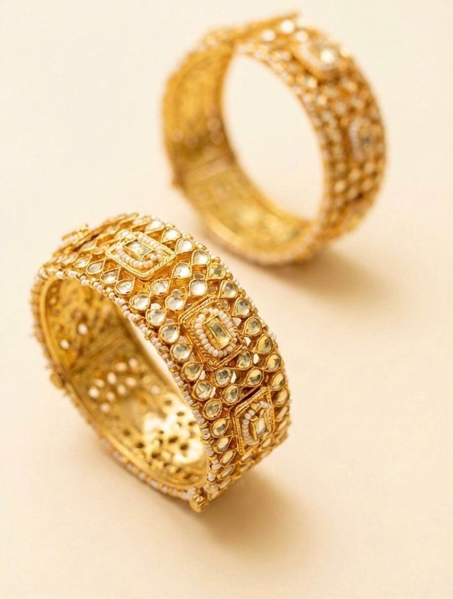 Kundan Bangle Set,Handmade Bridal Bracelet pair, Gold Plated Indian Bridal Jewelry