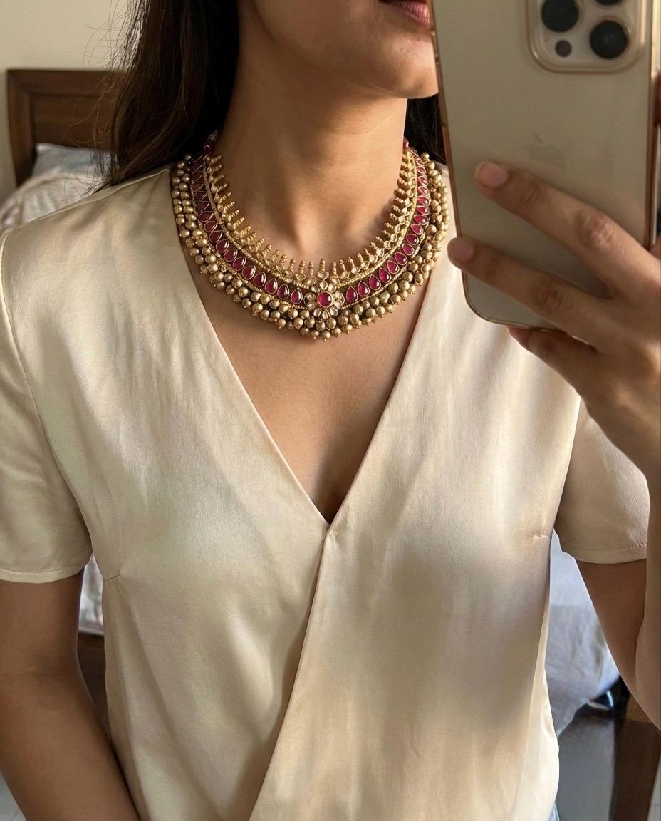 Kundan Choker Necklace Set, Ruby red Tussi Style, Indian Handmade Jewelry, Antique Gold Finish