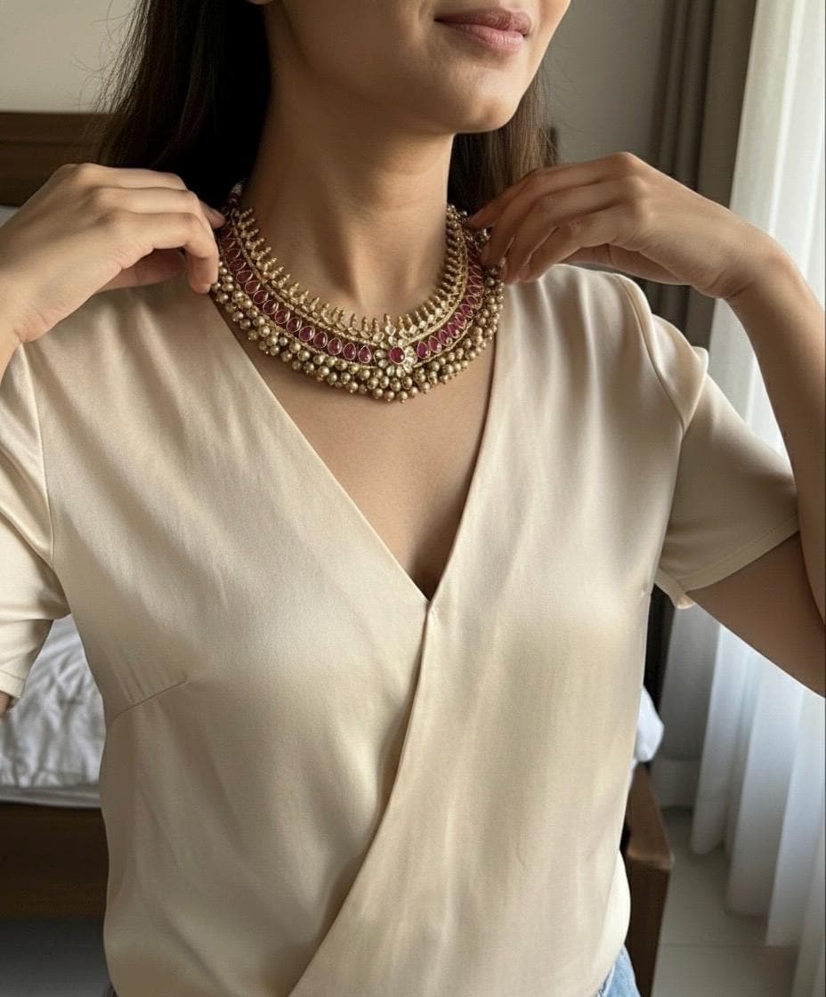 Kundan Choker Necklace Set, Ruby red Tussi Style, Indian Handmade Jewelry, Antique Gold Finish