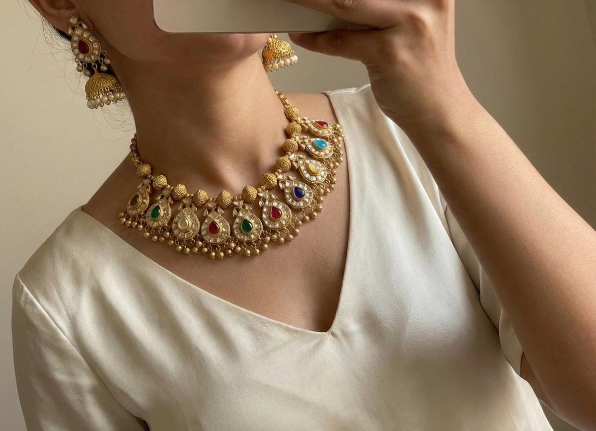 Kundan Choker Necklace, South Indian Jewelry, Handmade Earrings with Jhumki