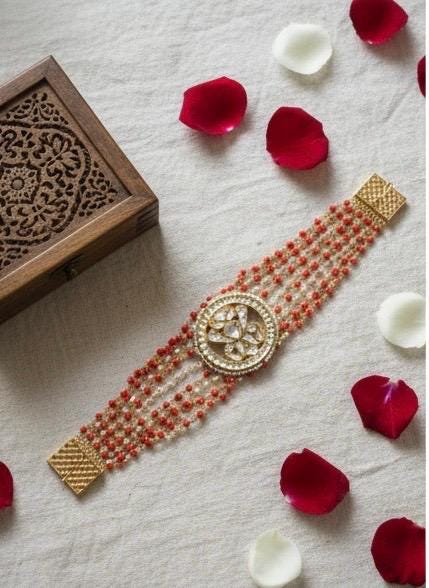 Kundan Bracelet, Indian Bridal Jewelry, Handmade Coral Flexible Bracelet