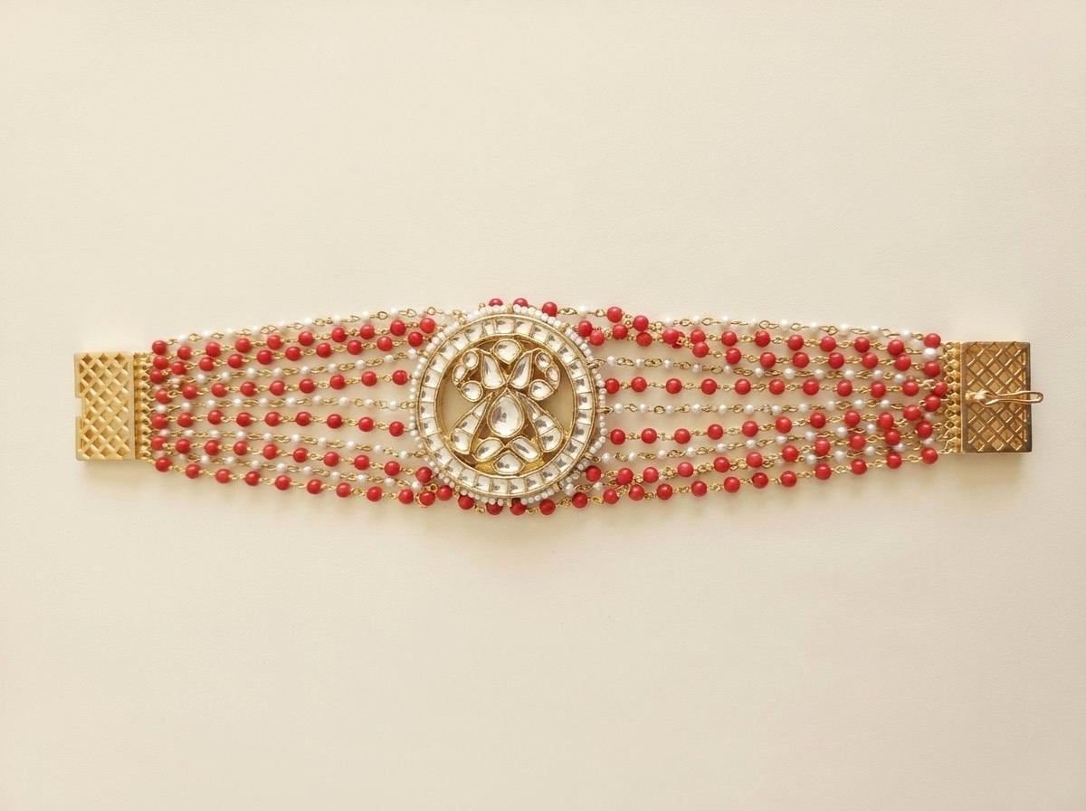 Kundan Bracelet, Indian Bridal Jewelry, Handmade Coral Flexible Bracelet