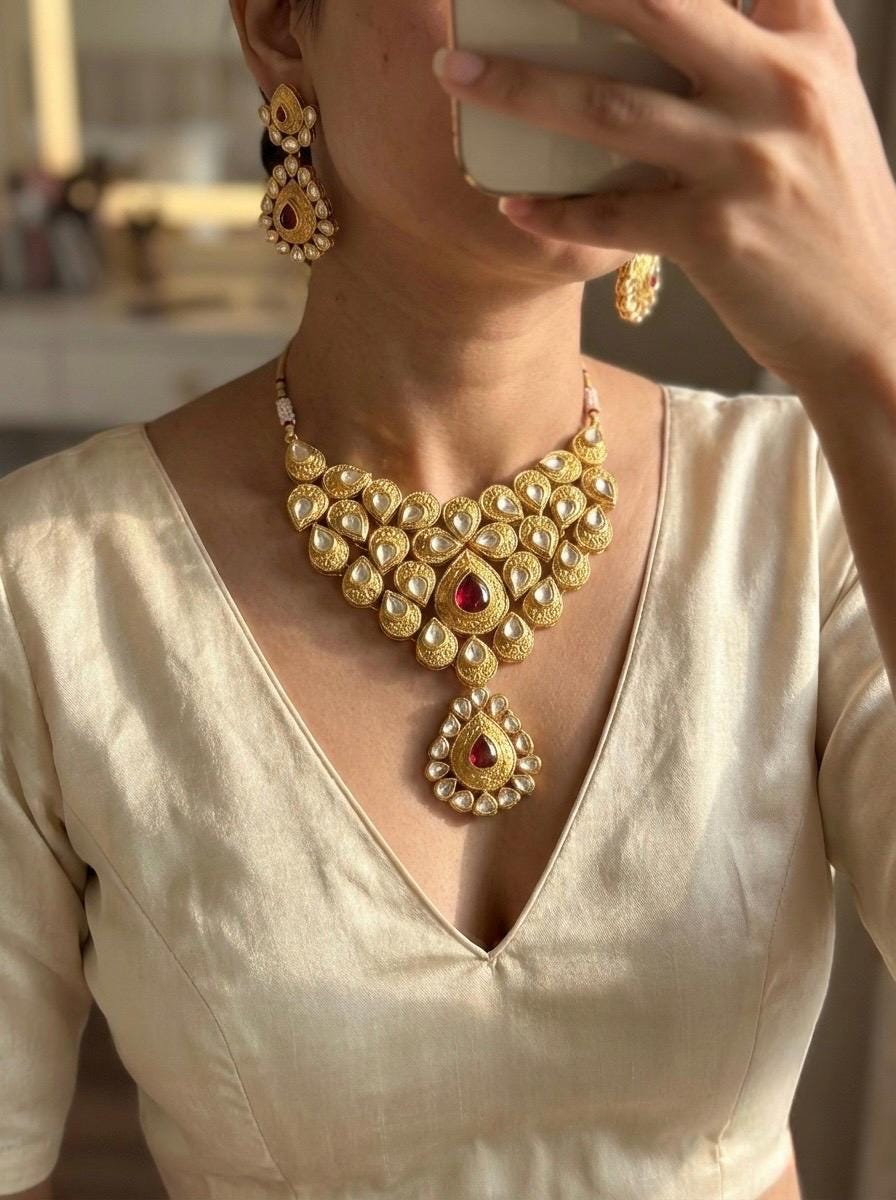 Kundan Jewelry Set | Statement Choker Necklace with Earrings | 22K Gold plated Handmade Rhodolite