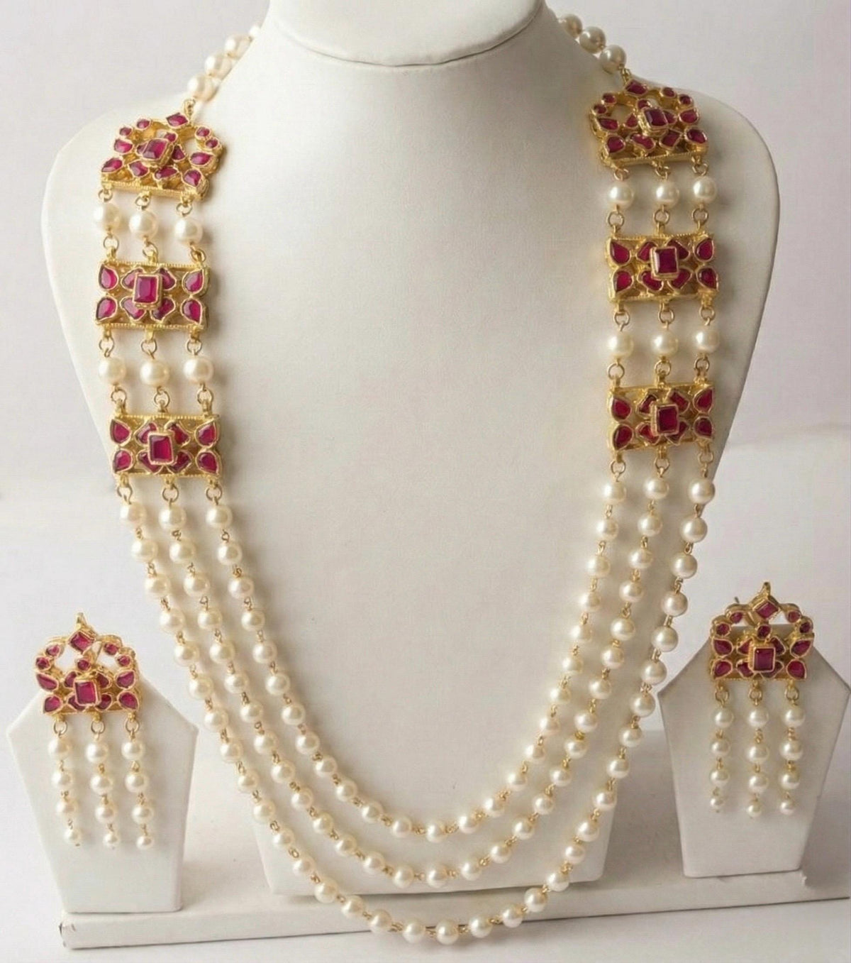Kundan Pearl Mala Necklace | South Indian Bridal Jewelry Set | Gold Plated Wedding Accessories