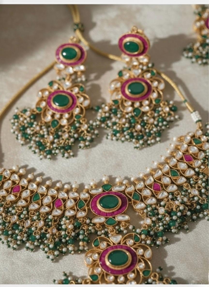 Kundan Choker Necklace Set with Earrings & Maang Tikka | Green Stone Indian Wedding Jewelry