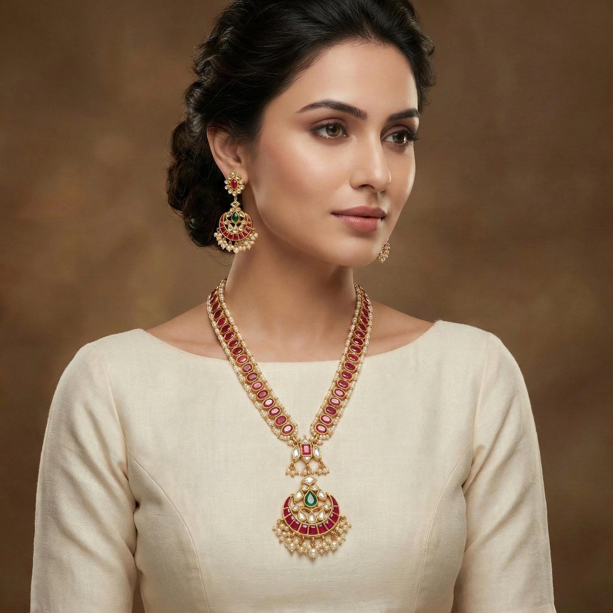 Kundan Bridal Jewelry Set, Gold Plated Necklace & Chandbali Earrings