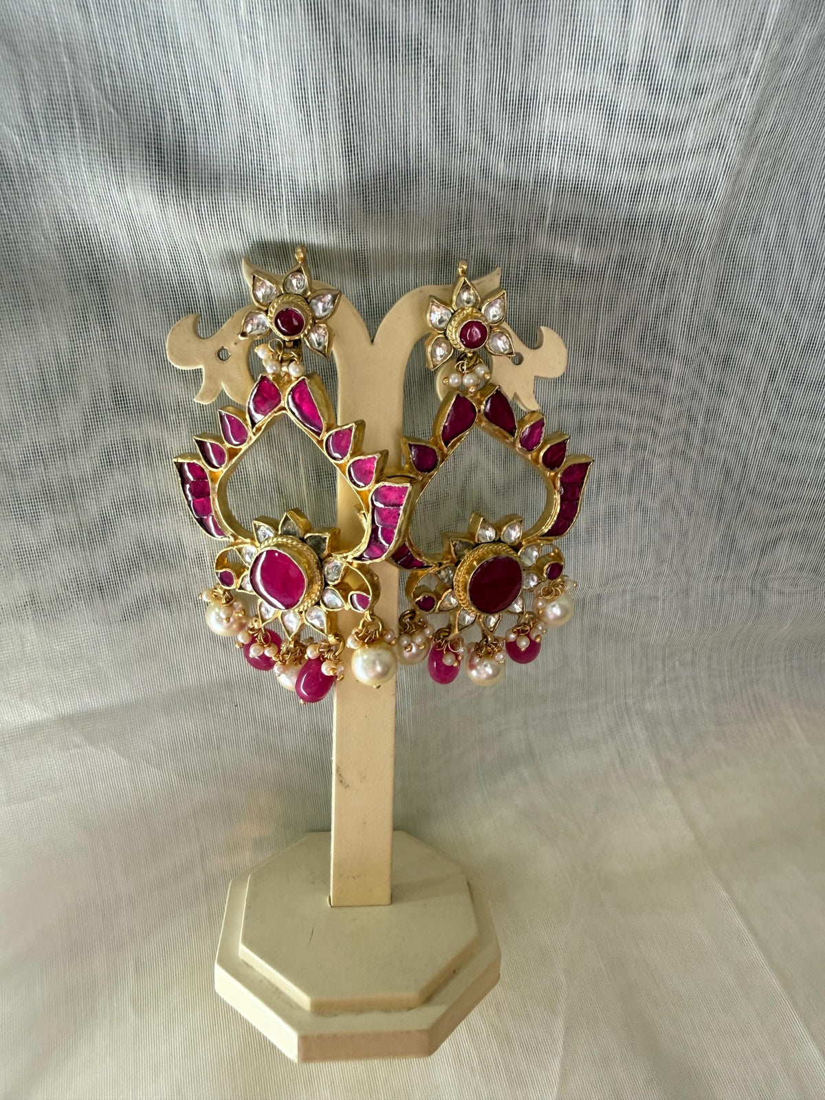 Pink Kundan Chandbali Earring, Gold Tone Indian Ethnic Jewelry, Handmade Bridal Earrings