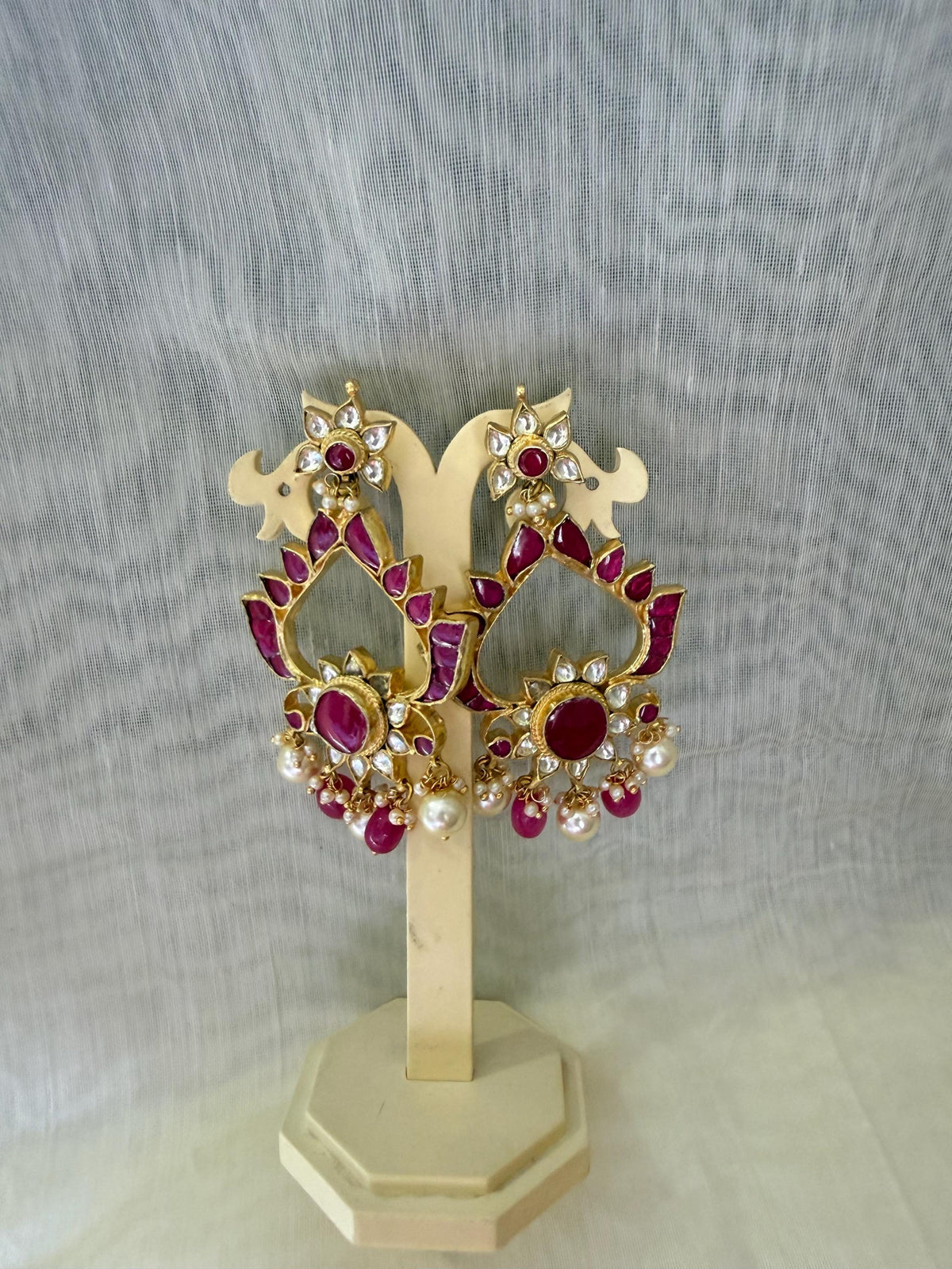 Pink Kundan Chandbali Earring, Gold Tone Indian Ethnic Jewelry, Handmade Bridal Earrings
