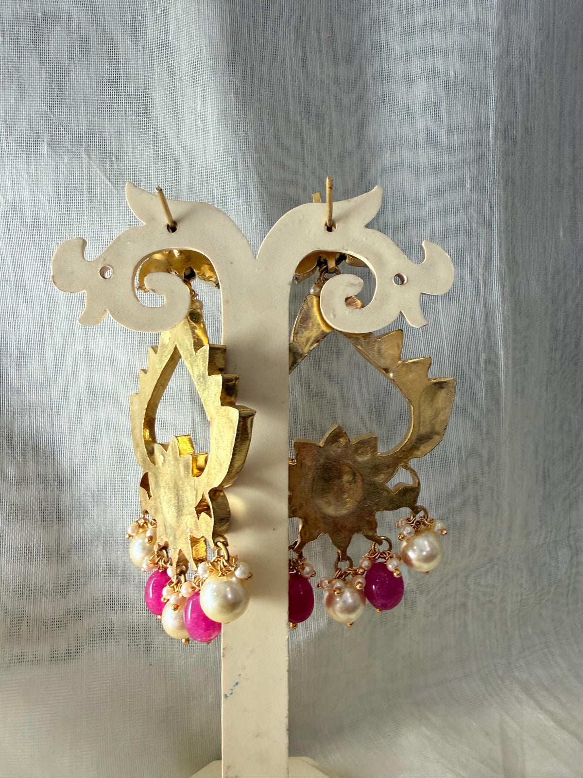 Pink Kundan Chandbali Earring, Gold Tone Indian Ethnic Jewelry, Handmade Bridal Earrings