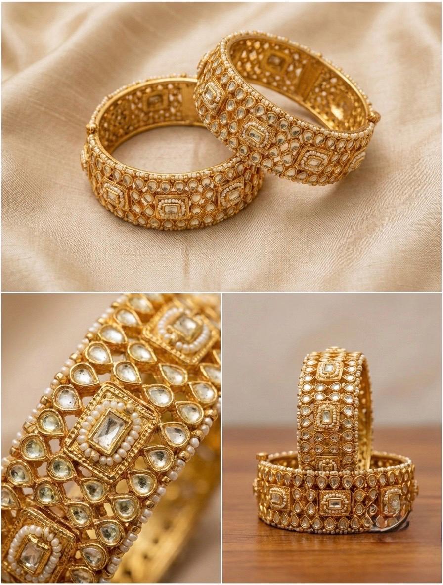 Kundan Bangle Set,Handmade Bridal Bracelet pair, Gold Plated Indian Bridal Jewelry