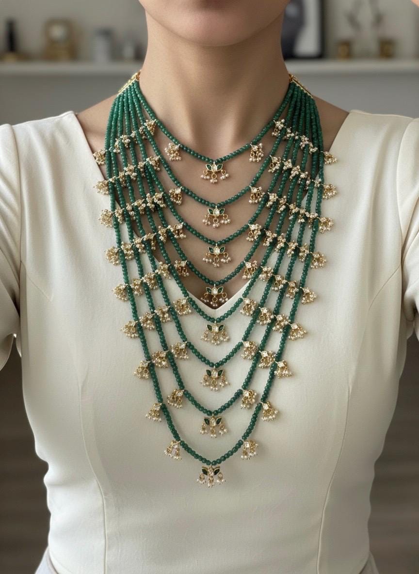 Multi-Layered Kundan Necklace | 22k Gold Plated Indian Bridal Jewelry | Green Satlada Set