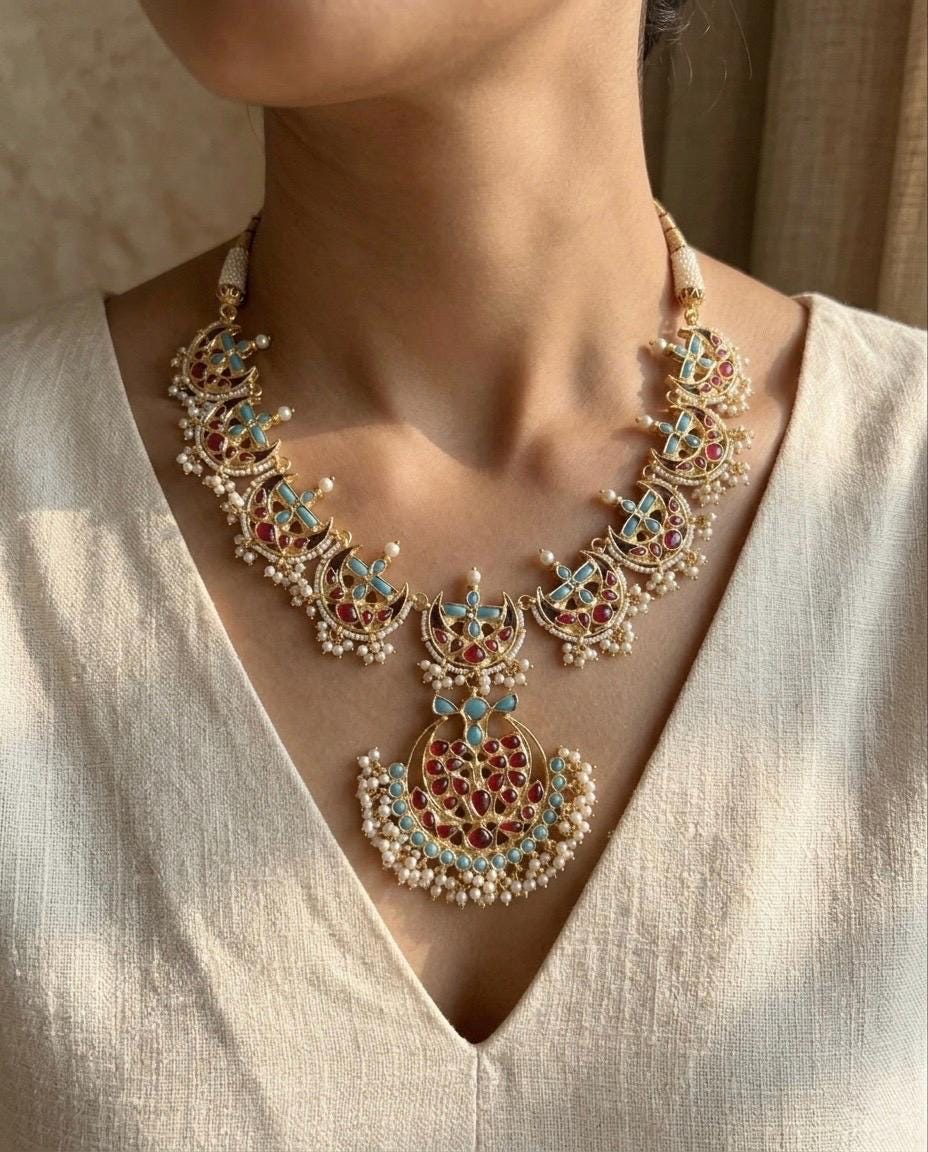 Kundan Jewelry Set | Indian Turquoise Necklace | Handmade Chandbali Earrings