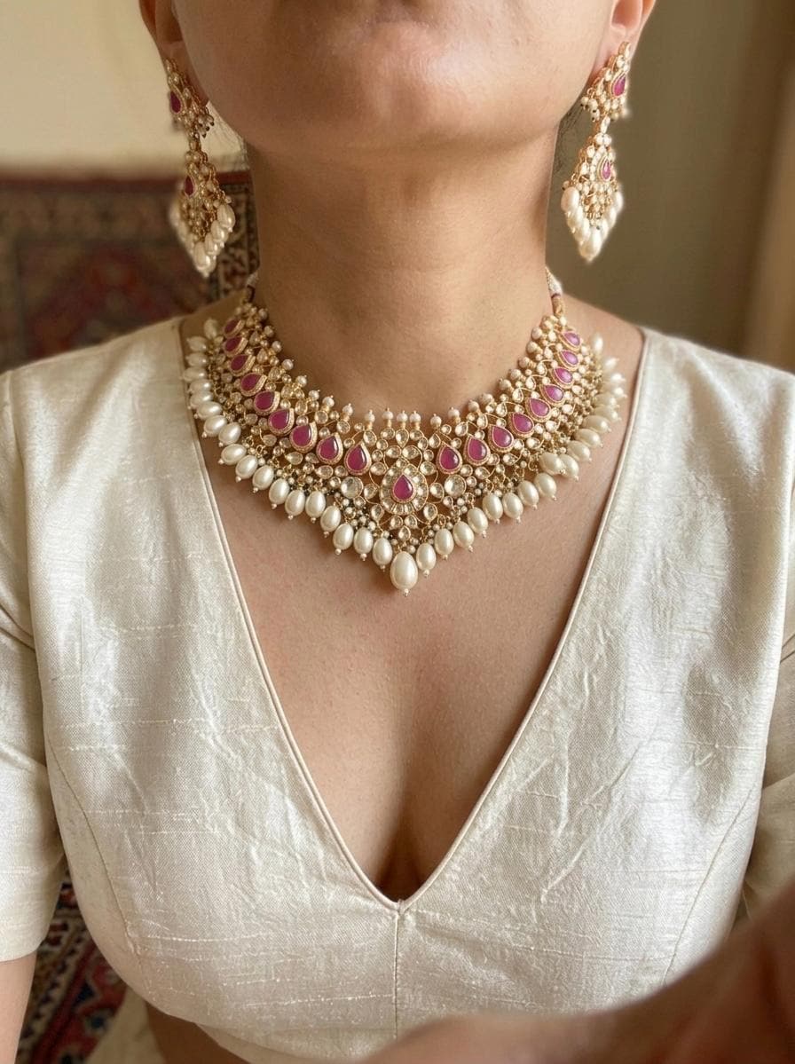 Handmade Kundan Choker Necklace Earrings Set, 22K Gold Plated Indian Bridal Jewelry