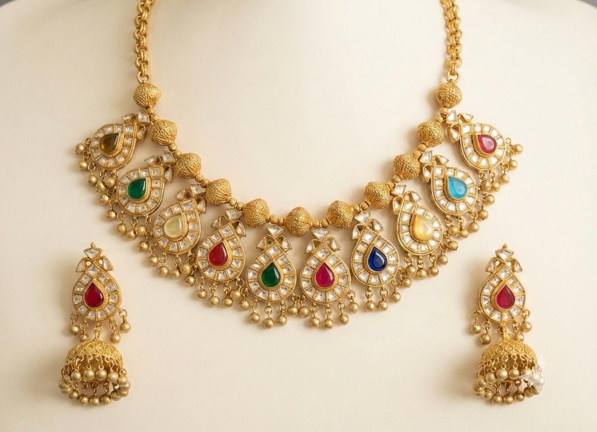 Kundan Choker Necklace, South Indian Jewelry, Handmade Earrings with Jhumki
