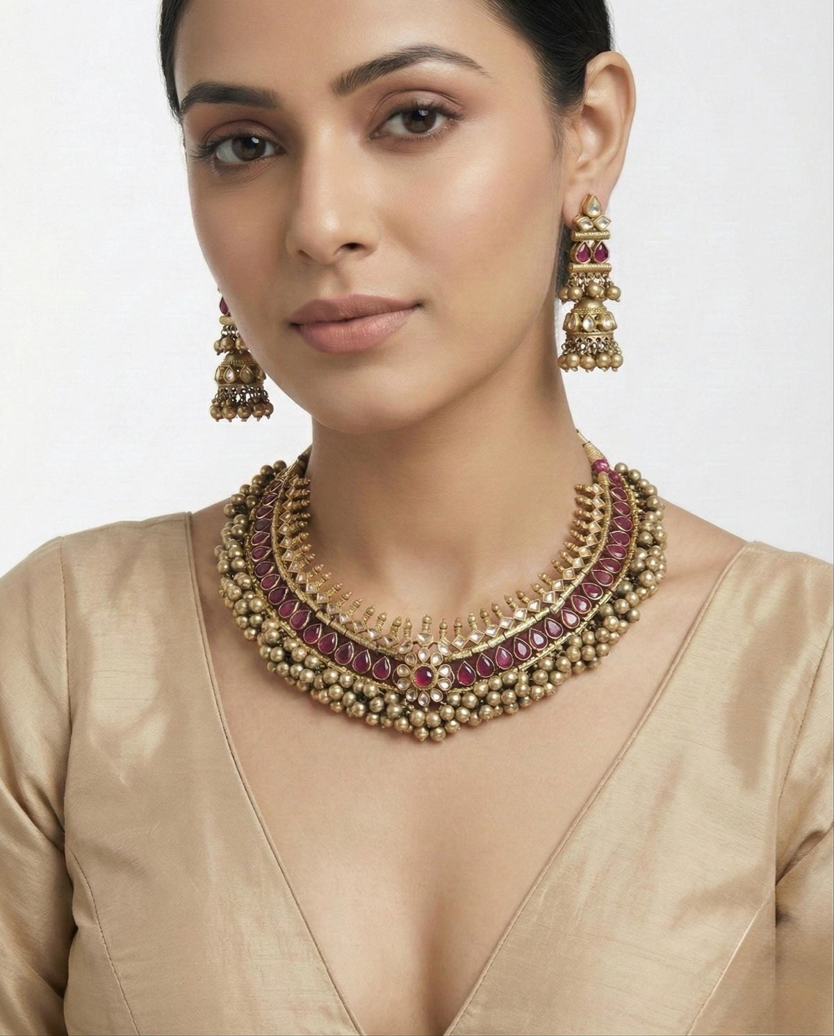 Kundan Choker Necklace Set, Ruby red Tussi Style, Indian Handmade Jewelry, Antique Gold Finish