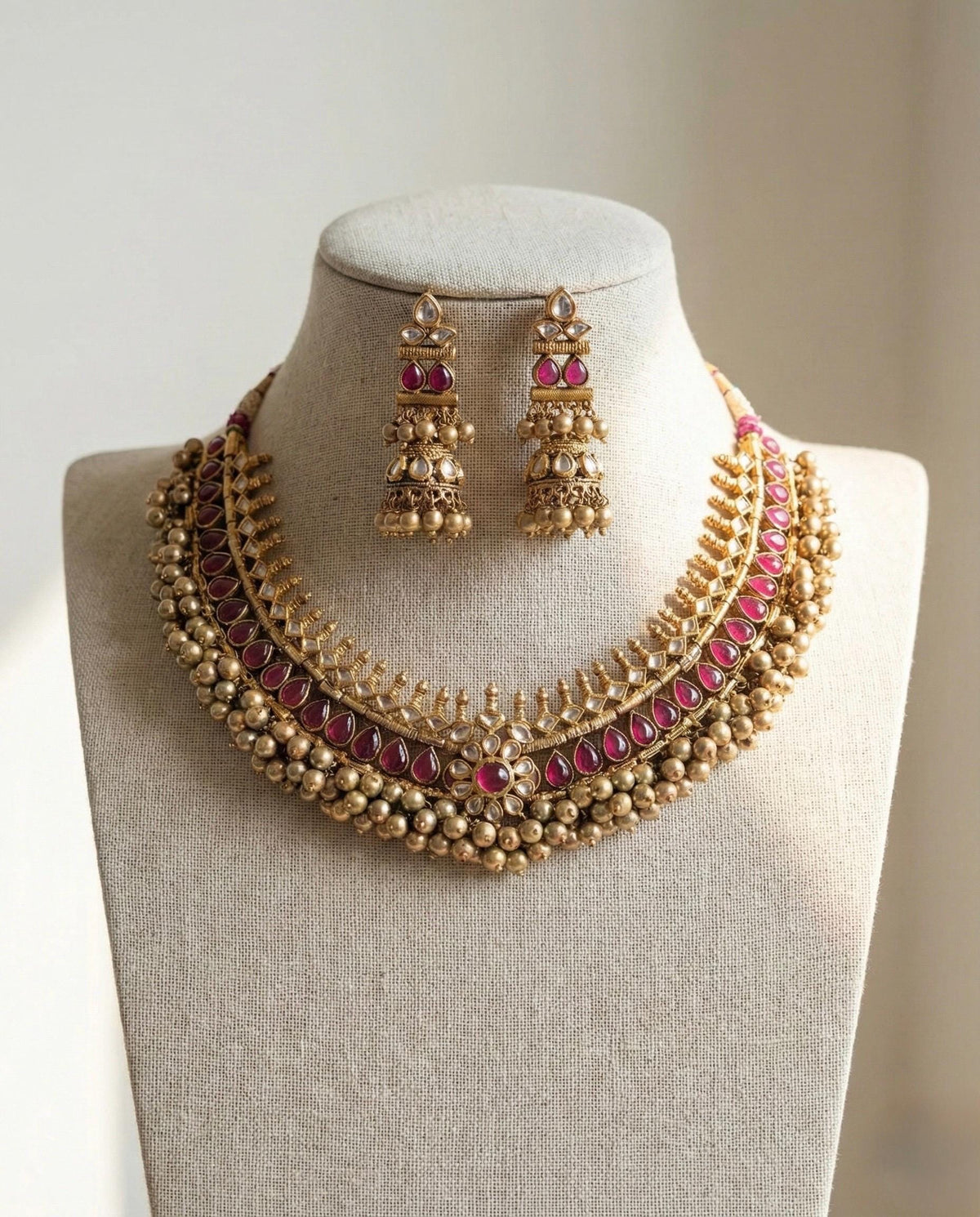 Kundan Choker Necklace Set, Ruby red Tussi Style, Indian Handmade Jewelry, Antique Gold Finish