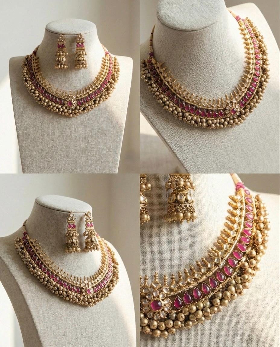 Kundan Choker Necklace Set, Ruby red Tussi Style, Indian Handmade Jewelry, Antique Gold Finish