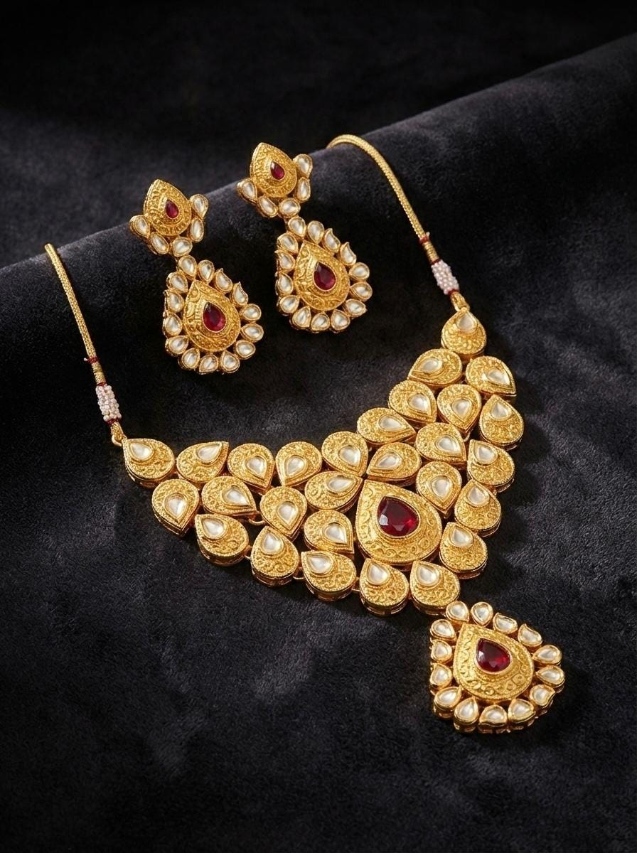 Kundan Jewelry Set | Statement Choker Necklace with Earrings | 22K Gold plated Handmade Rhodolite