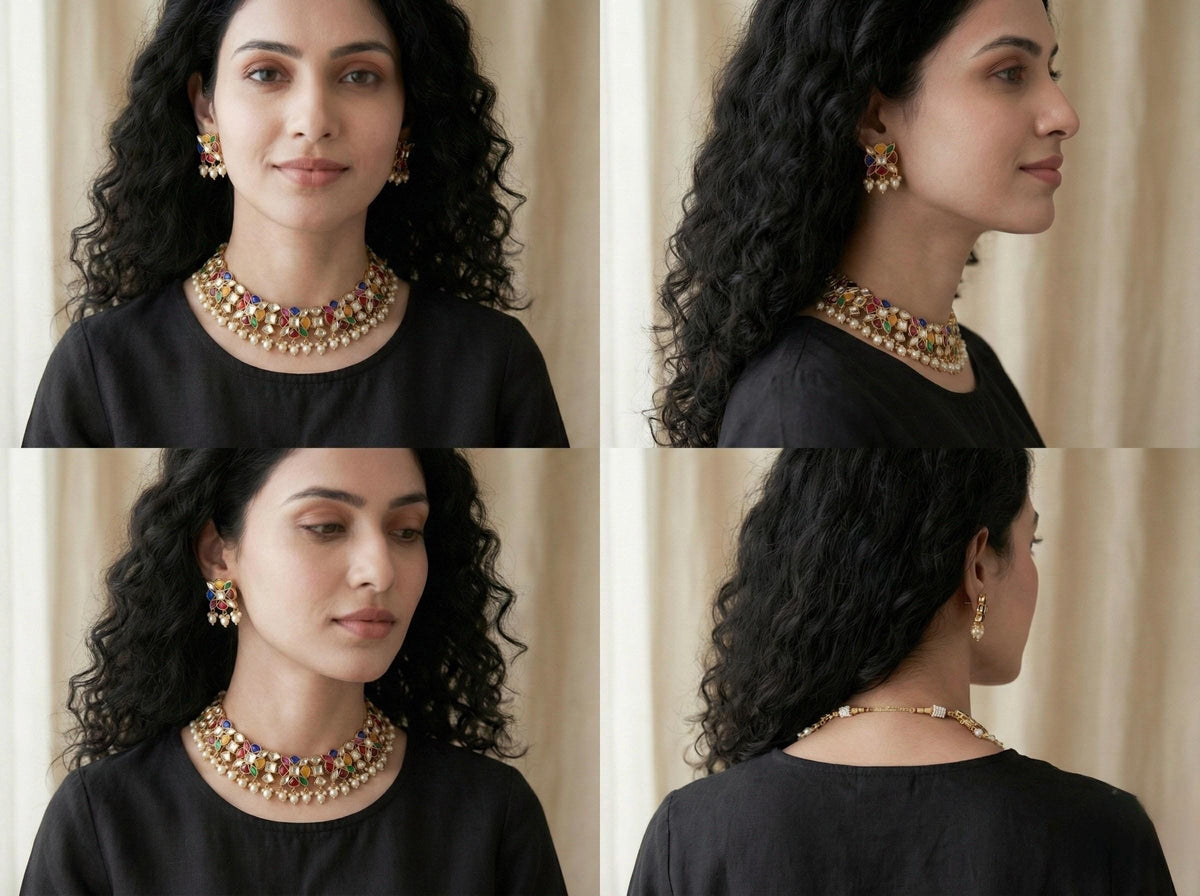 Kundan Choker Necklace, Gold Plated Indian Jewelry, Handmade Navratna Set with Earrings