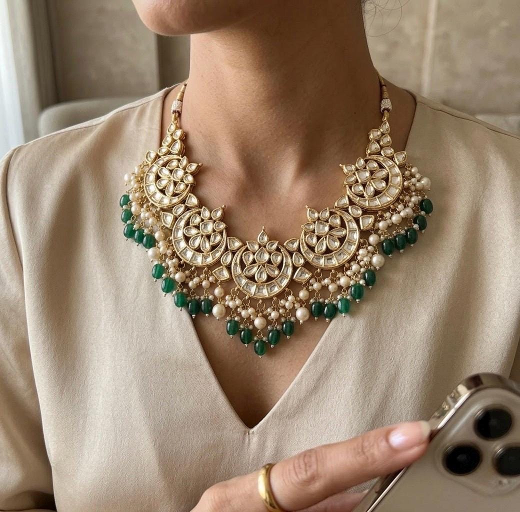 Kundan Bridal Necklace with Earrings , 22k Gold Plated Indian Jewelry, Handmade Wedding Set