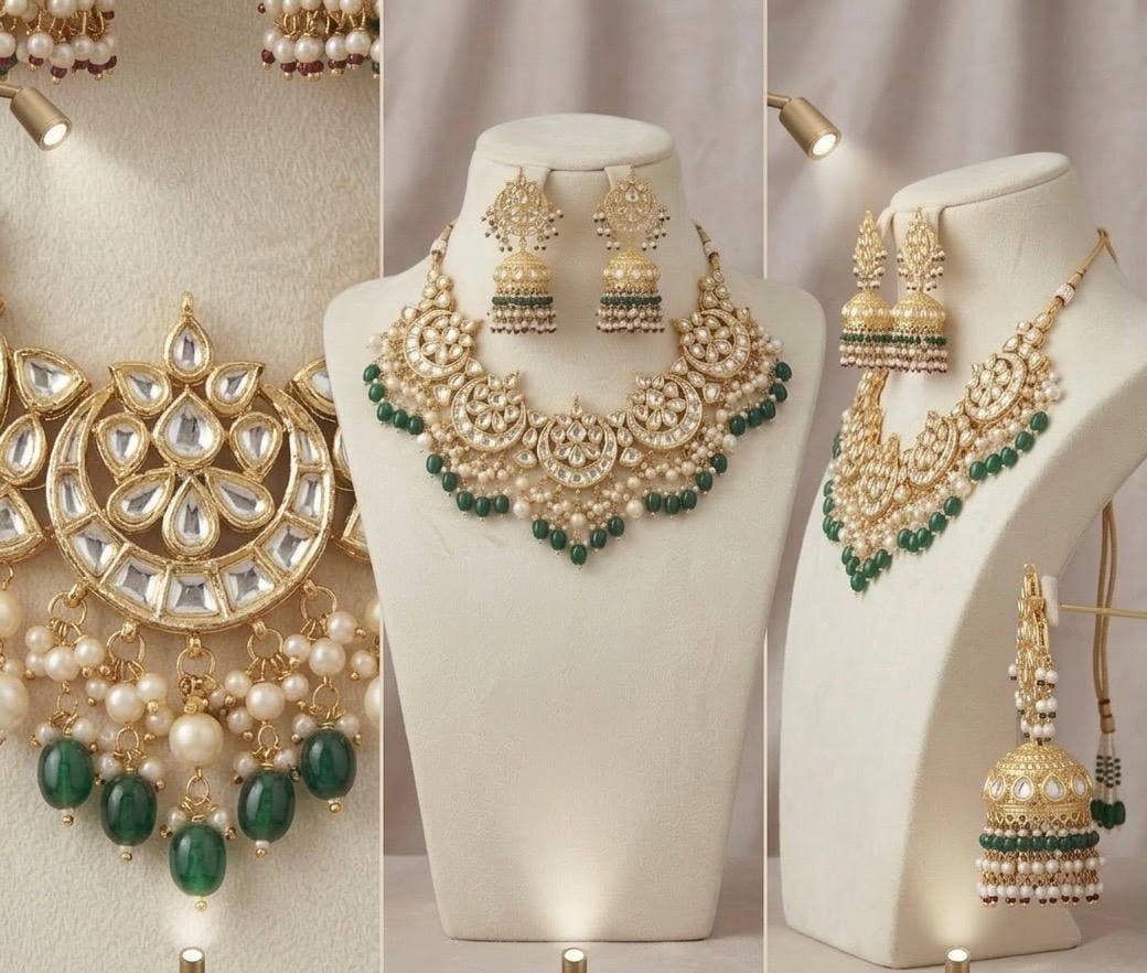Kundan Bridal Necklace with Earrings , 22k Gold Plated Indian Jewelry, Handmade Wedding Set