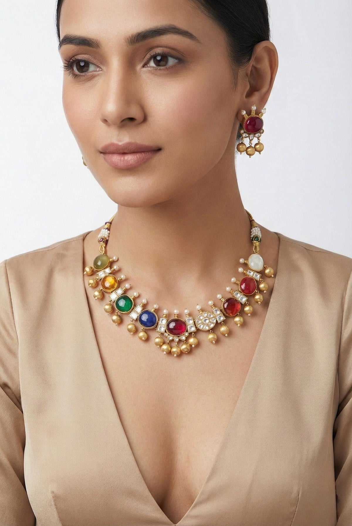 Kundan Jewellery, Navratna Choker Necklace with Earrings , Indian Traditional Wedding Set