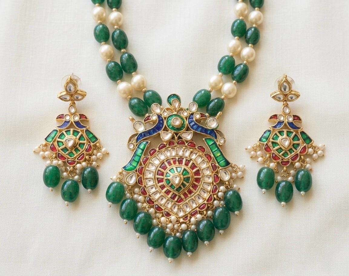 Kundan Jewelry Set | Gold Plated Necklace, Emerald and Pearl Earrings