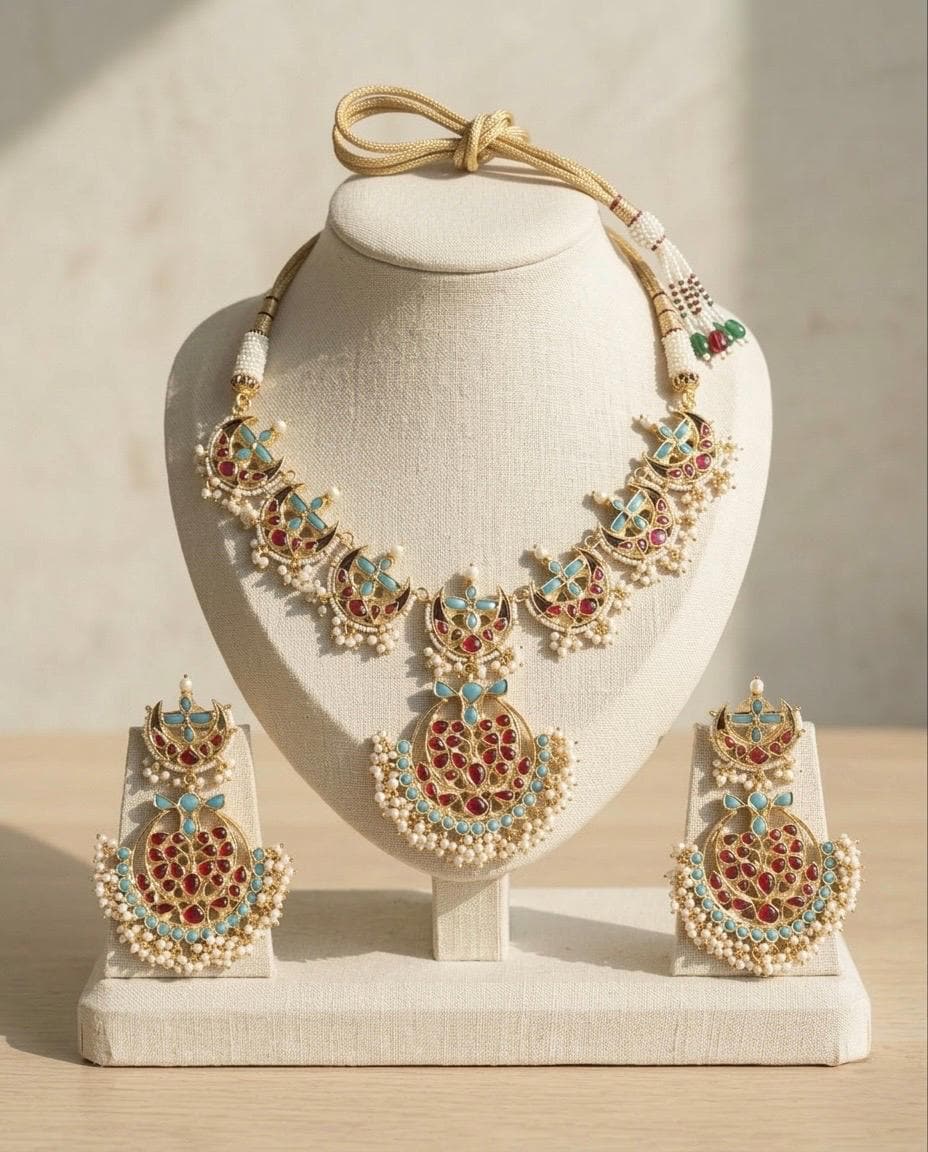 Kundan Jewelry Set | Indian Turquoise Necklace | Handmade Chandbali Earrings