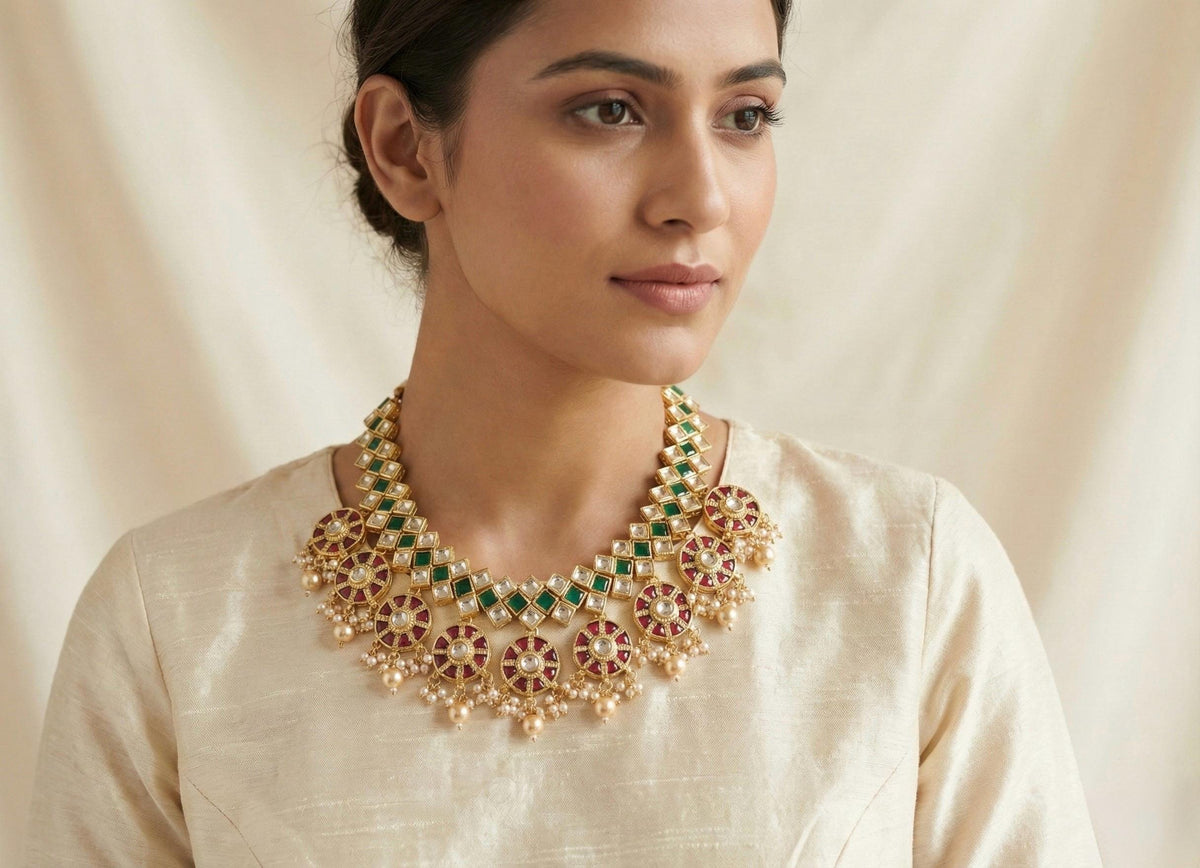 Kundan Jewelry, Bridal Necklace with Chandbali Earrings, Indian Wedding Choker