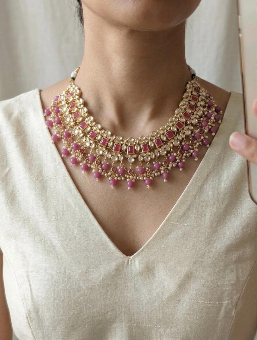 Kundan Choker Necklace Set with Chandbali Earrings, Indian Handmade Bridal Jewelry