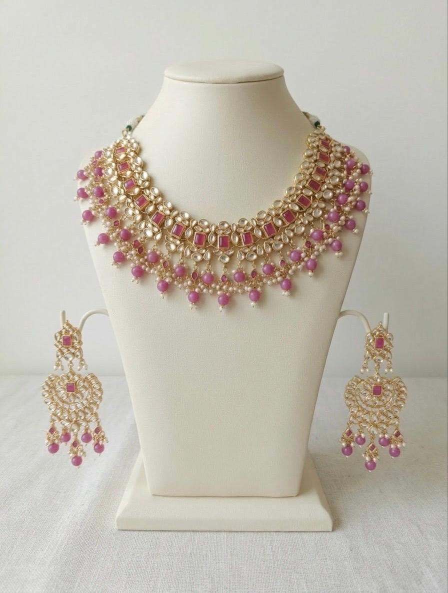 Kundan Choker Necklace Set with Chandbali Earrings, Indian Handmade Bridal Jewelry