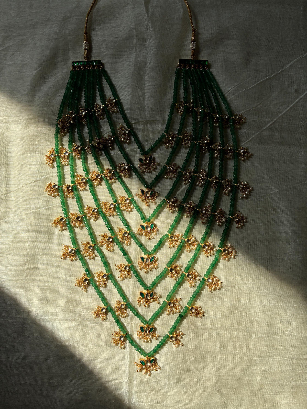 Multi-Layered Kundan Necklace | 22k Gold Plated Indian Bridal Jewelry | Green Satlada Set