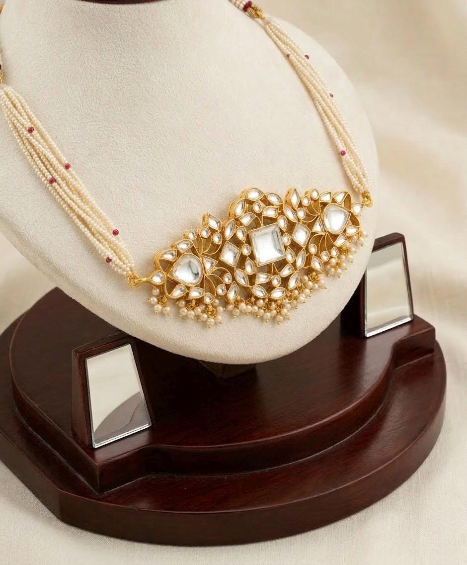 Handmade Kundan Choker Set, Gold Plated Indian Bridal Jewelry, Wedding Necklace with Earrings