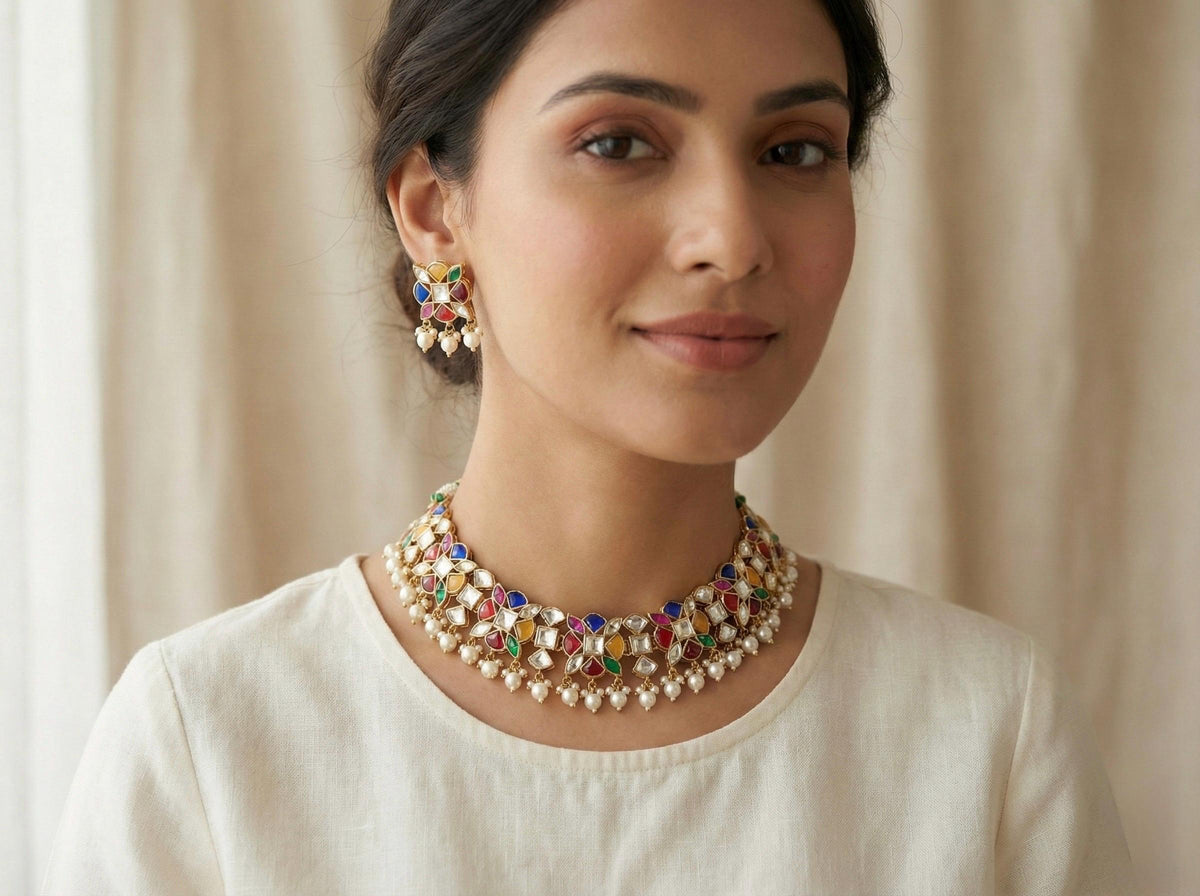 Kundan Choker Necklace, Gold Plated Indian Jewelry, Handmade Navratna Set with Earrings