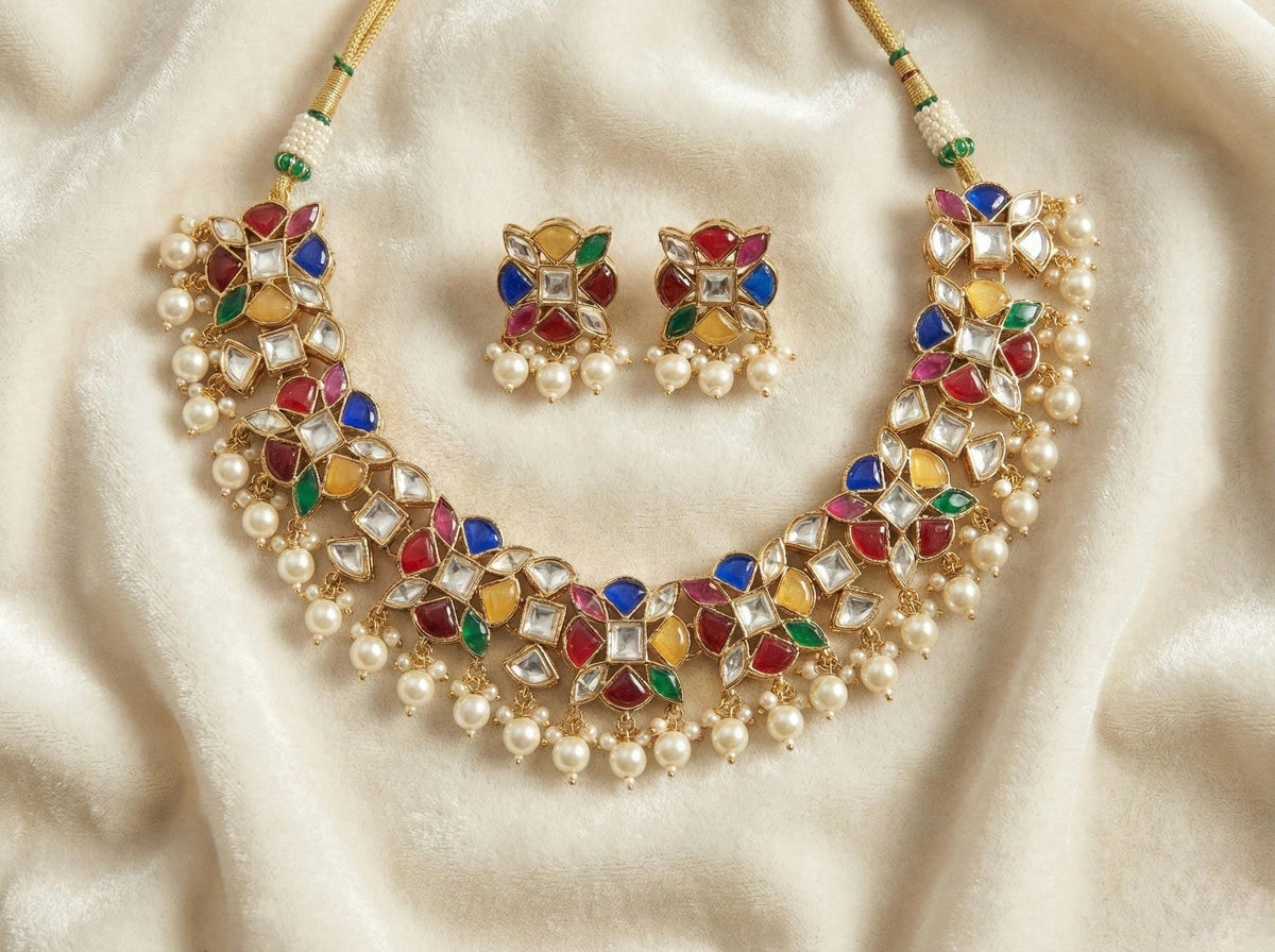 Kundan Choker Necklace, Gold Plated Indian Jewelry, Handmade Navratna Set with Earrings