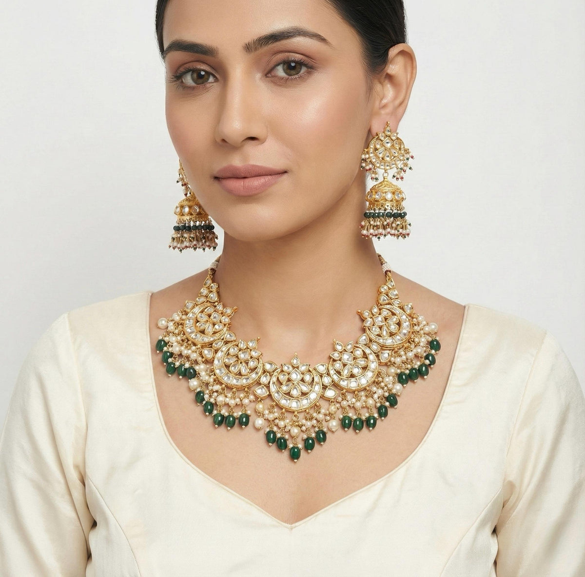 Kundan Bridal Necklace with Earrings , 22k Gold Plated Indian Jewelry, Handmade Wedding Set